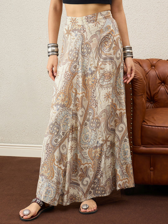 Beige Paisley Flower A-Line Skirt