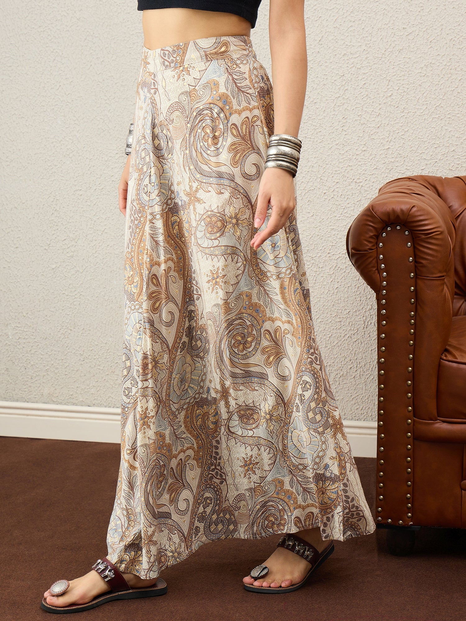 Beige Paisley Flower A-Line Skirt