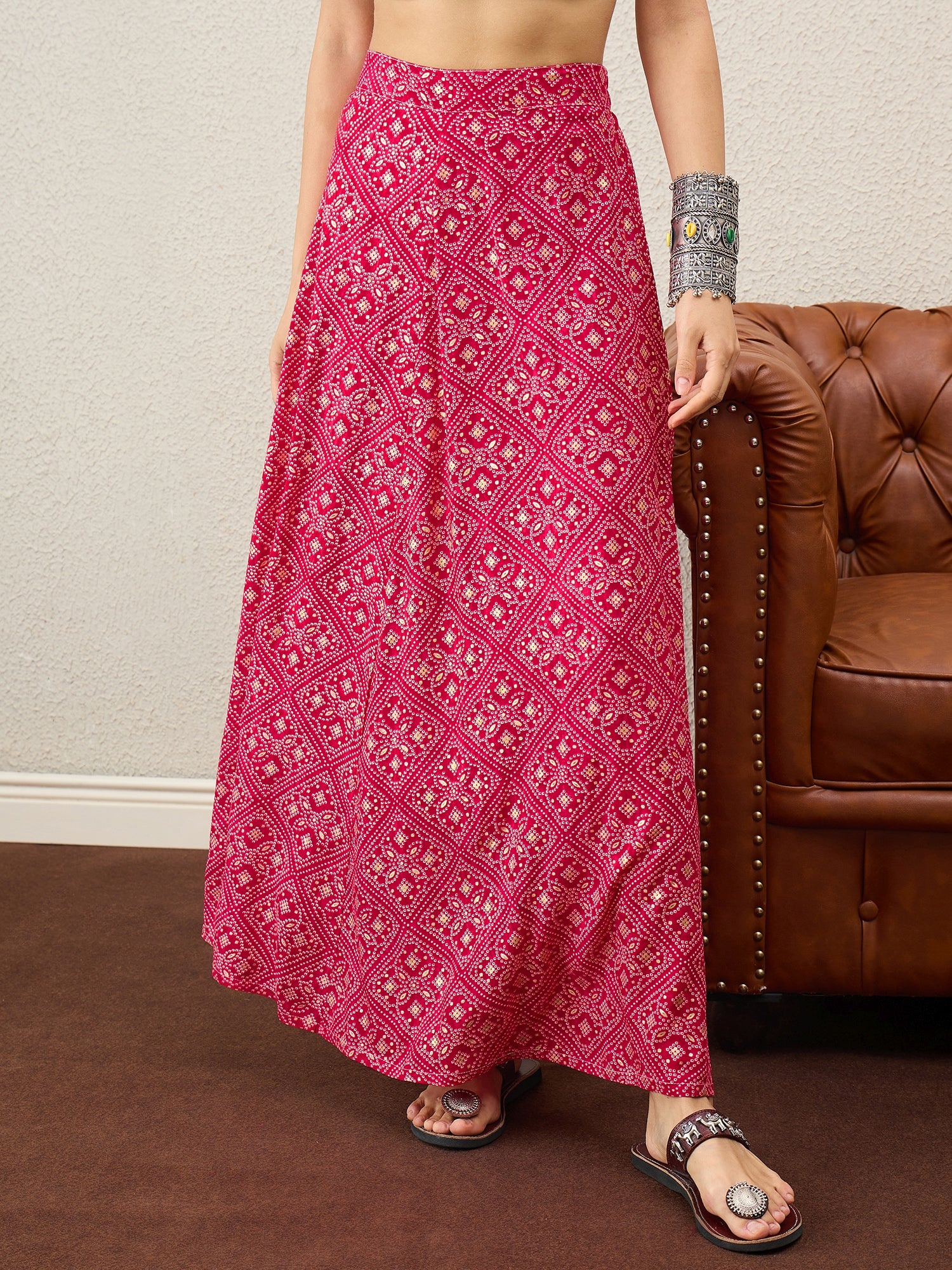 Rani Pink Bandhej Foil A-Line Skirt