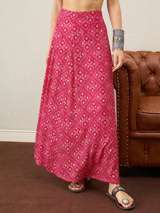Rani Pink Bandhej Foil A-Line Skirt