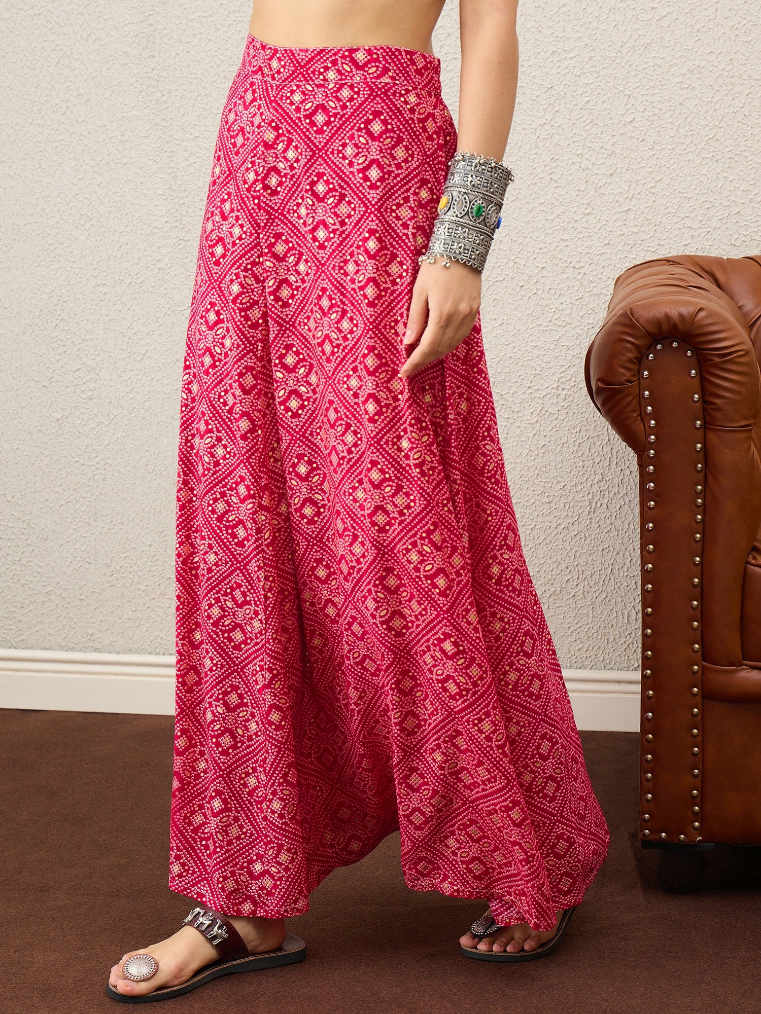 Rani Pink Bandhej Foil A-Line Skirt