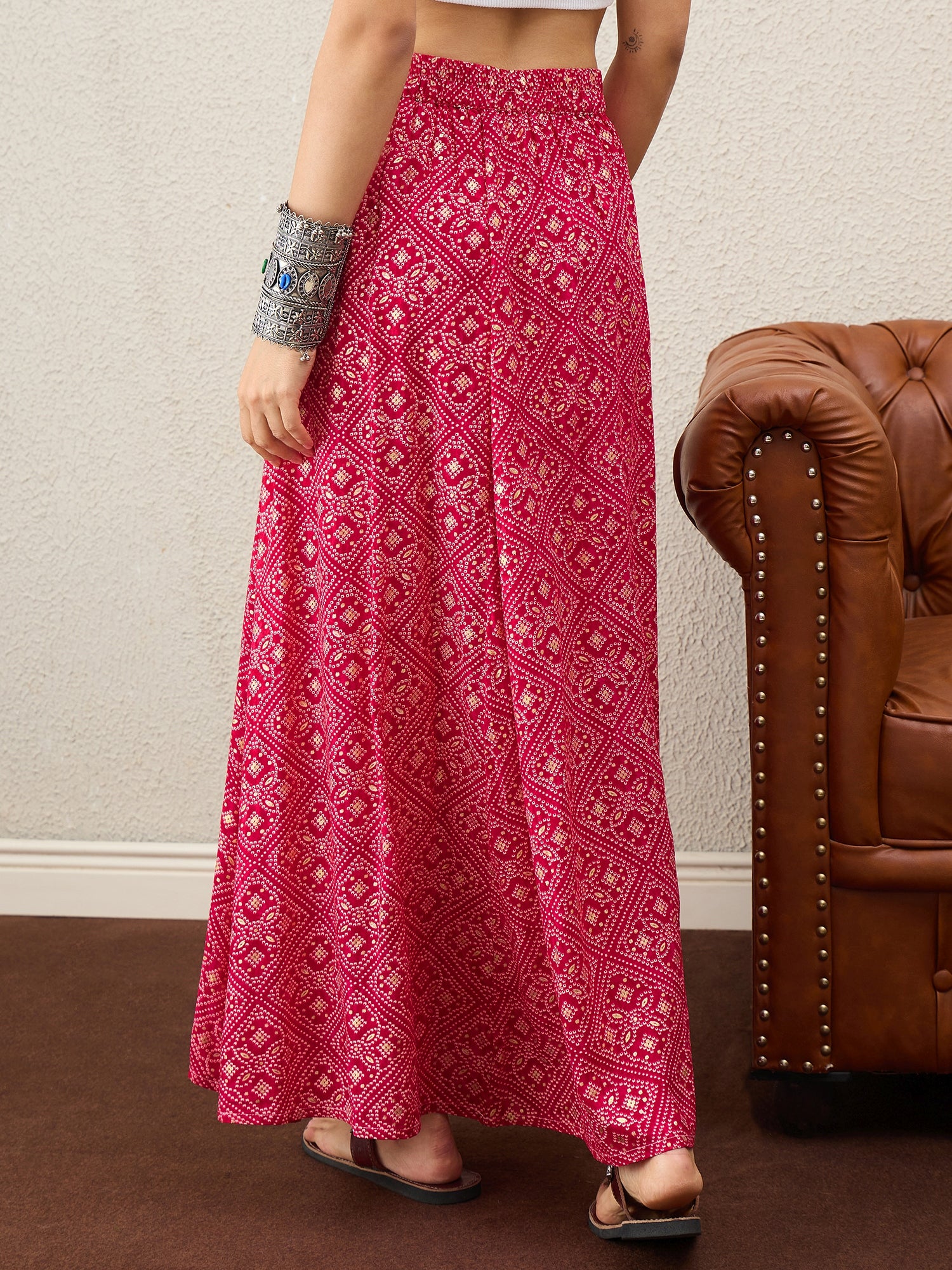 Rani Pink Bandhej Foil A-Line Skirt