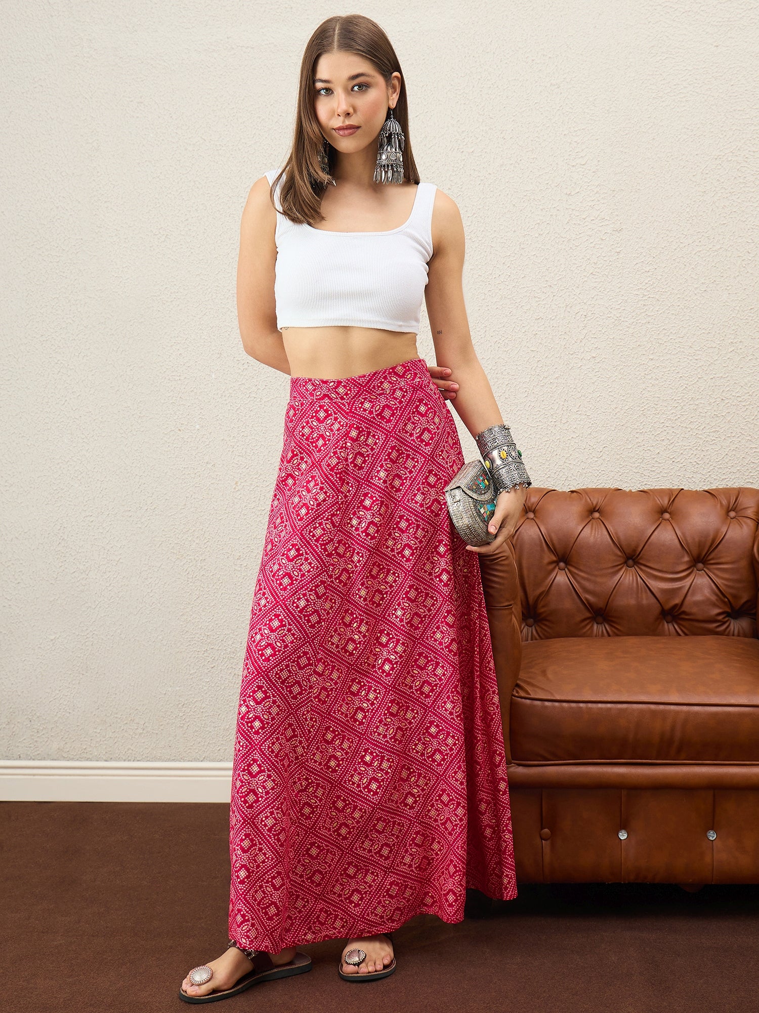 Rani Pink Bandhej Foil A-Line Skirt