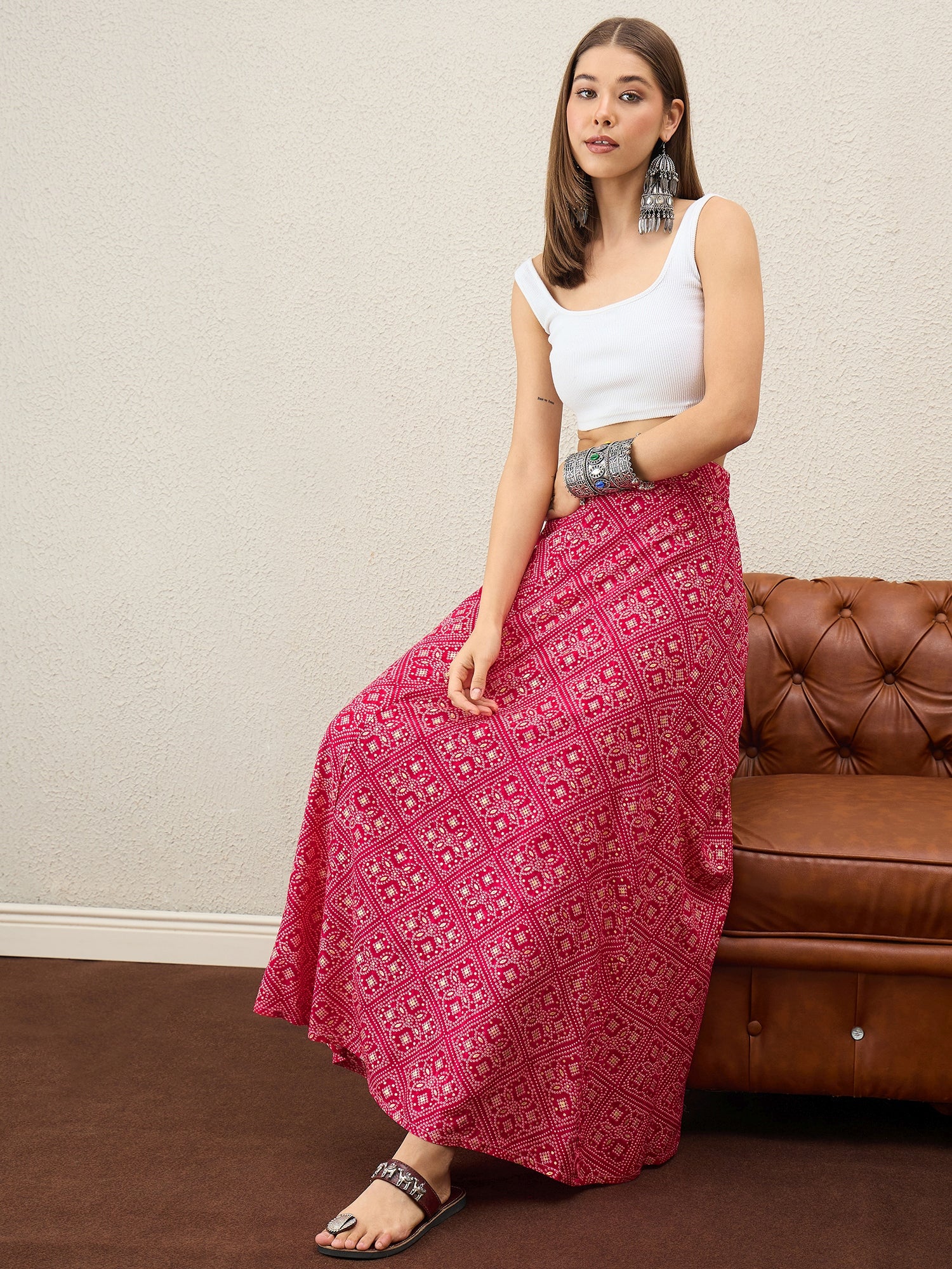 Rani Pink Bandhej Foil A-Line Skirt