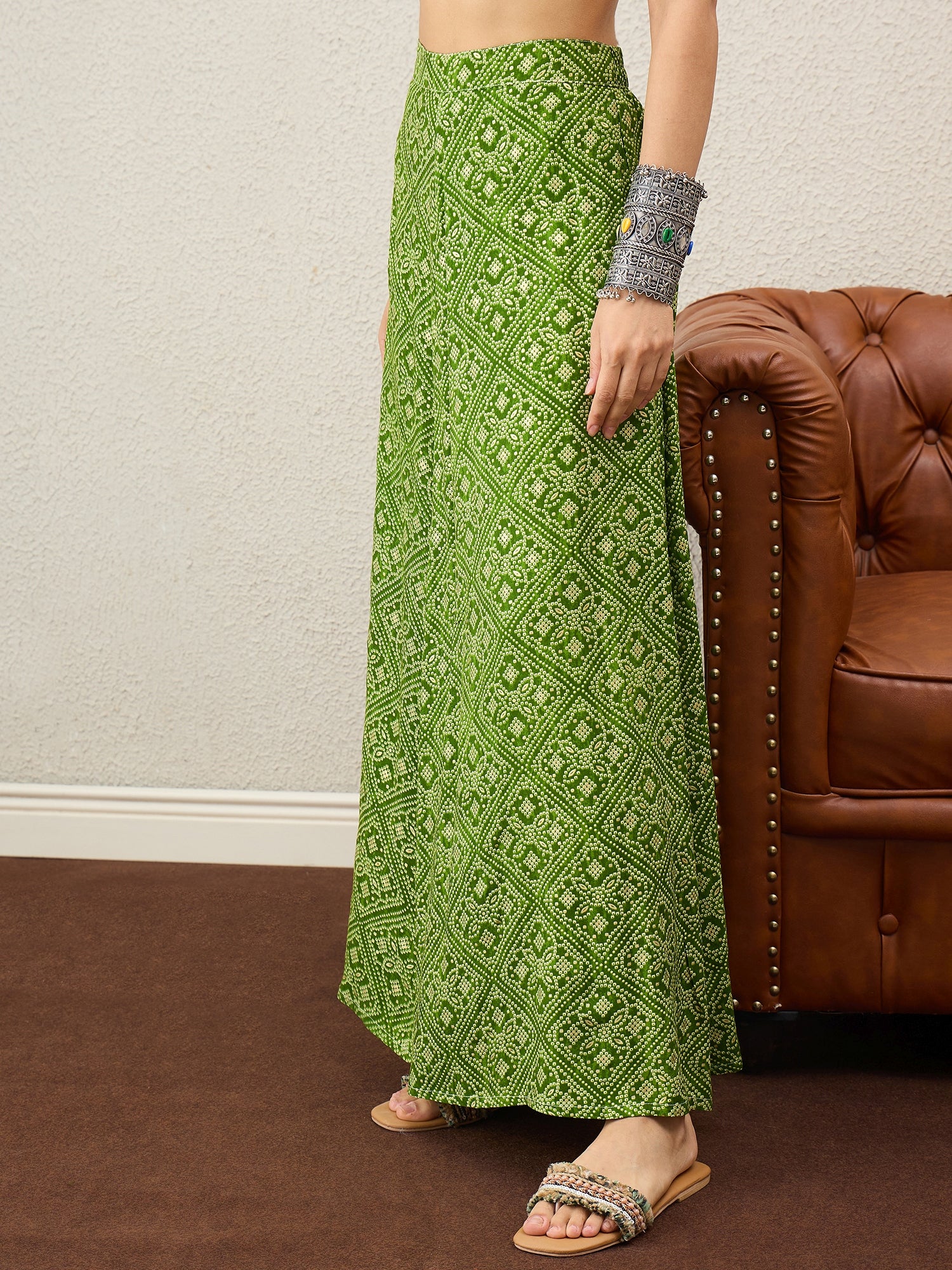 Olive Green Bandhej Foil A-Line Skirt