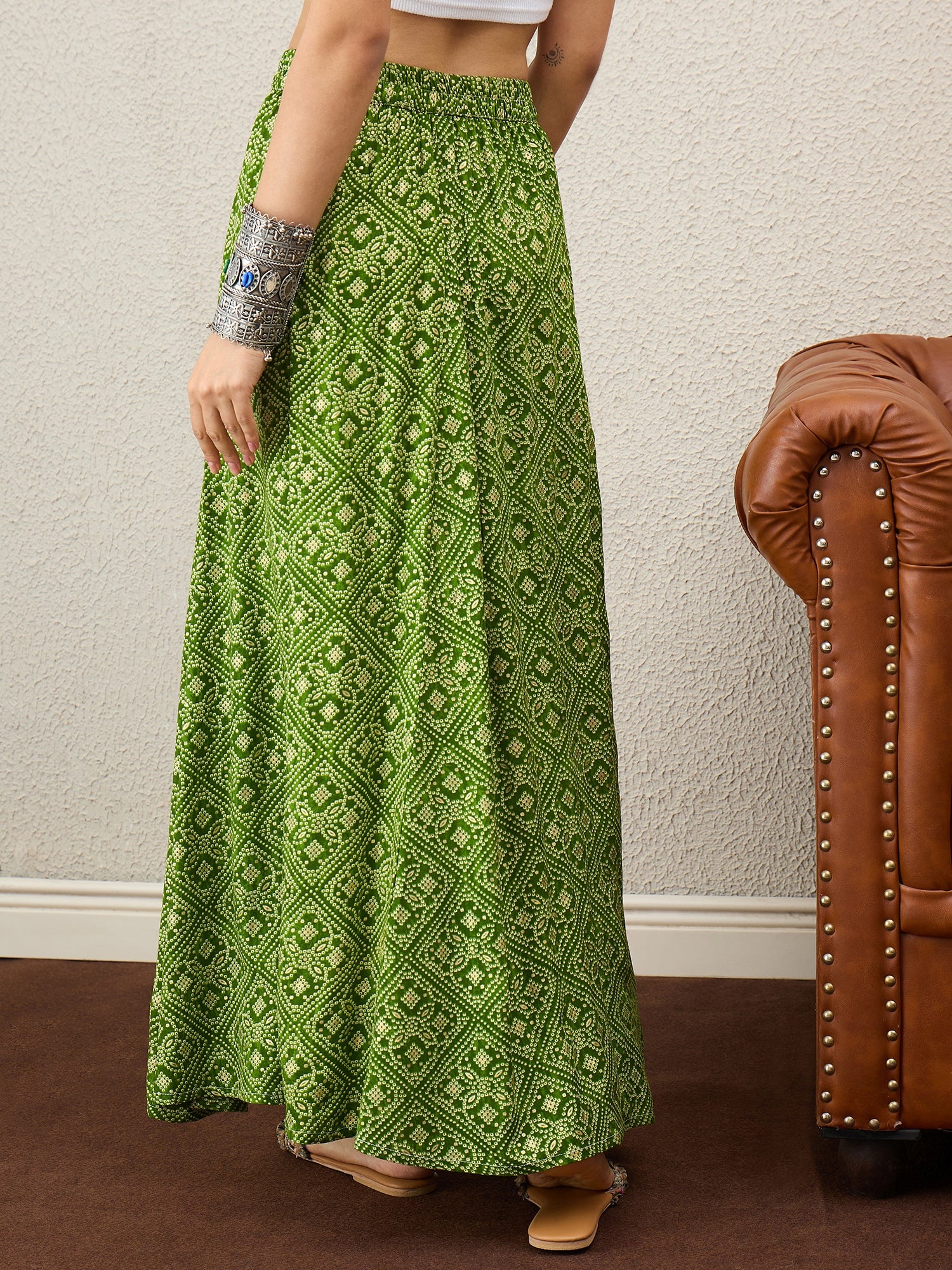 Olive Green Bandhej Foil A-Line Skirt