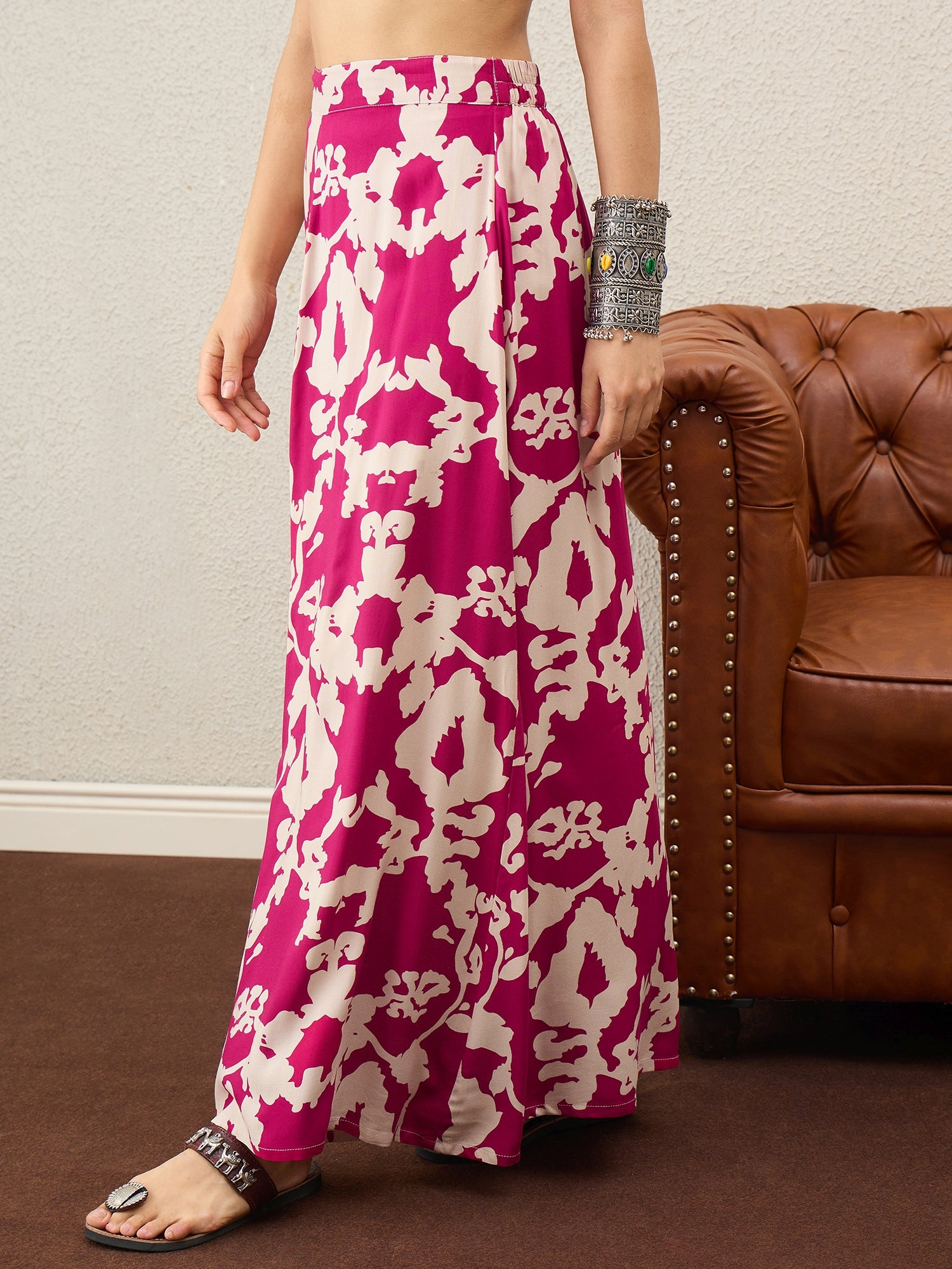 Jam Pink Beige Print A-Line Skirt