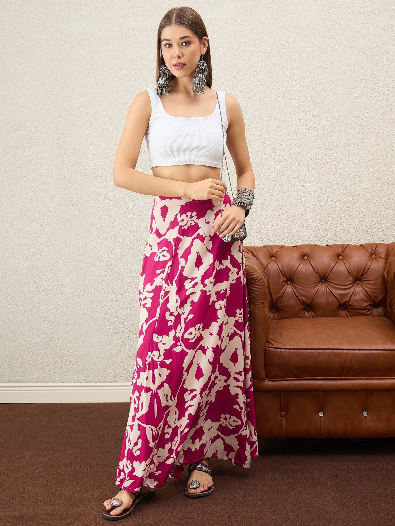 Jam Pink Beige Print A-Line Skirt