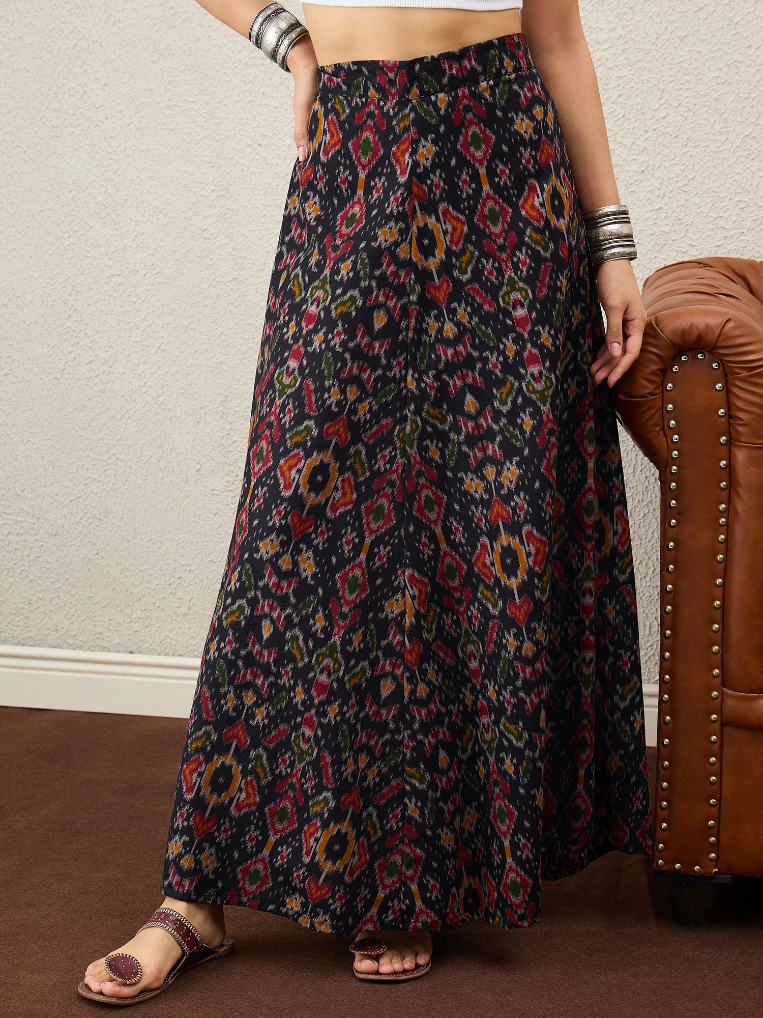 Black Ikkat Print A-Line Skirt