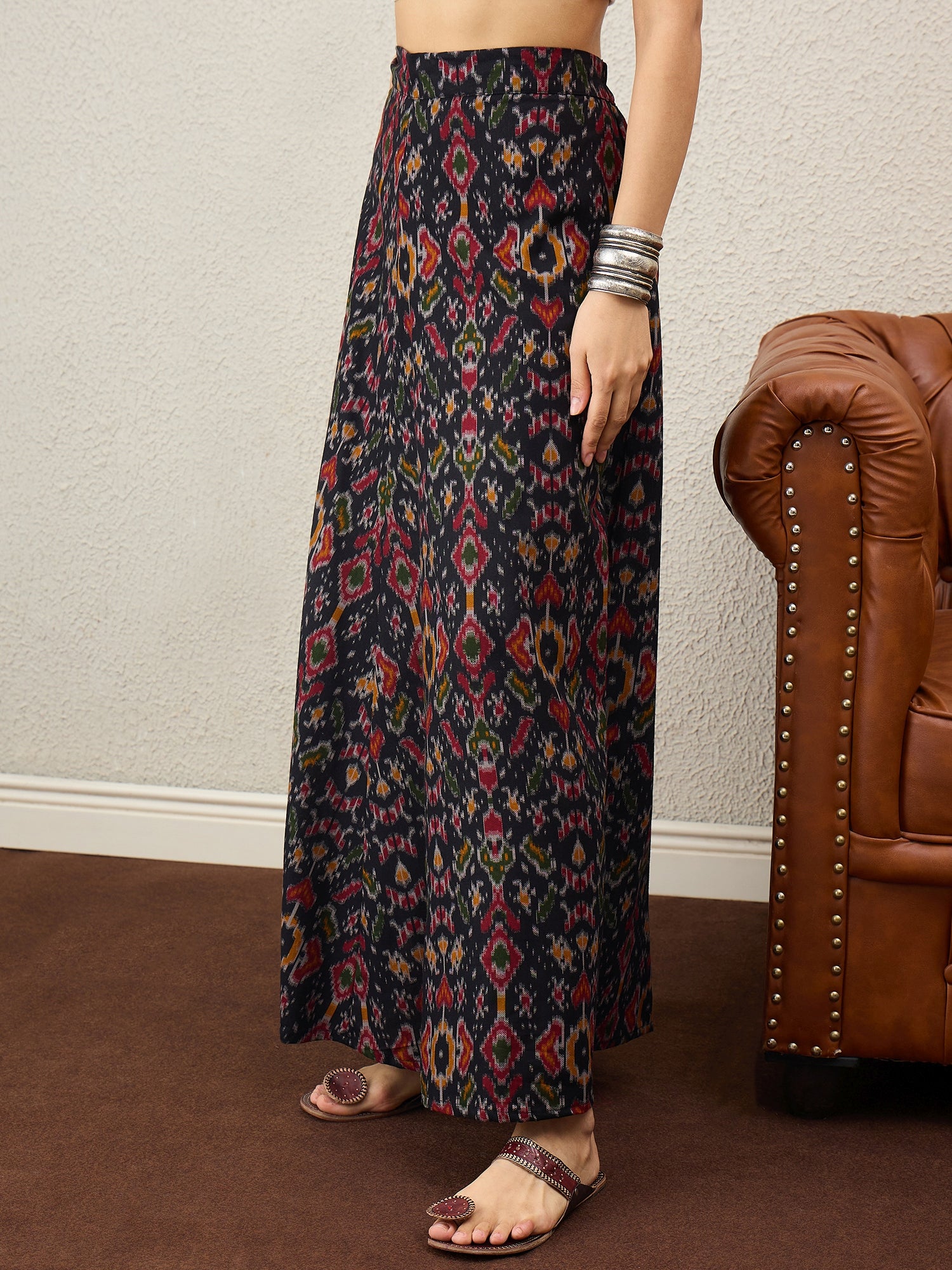 Black Ikkat Print A-Line Skirt