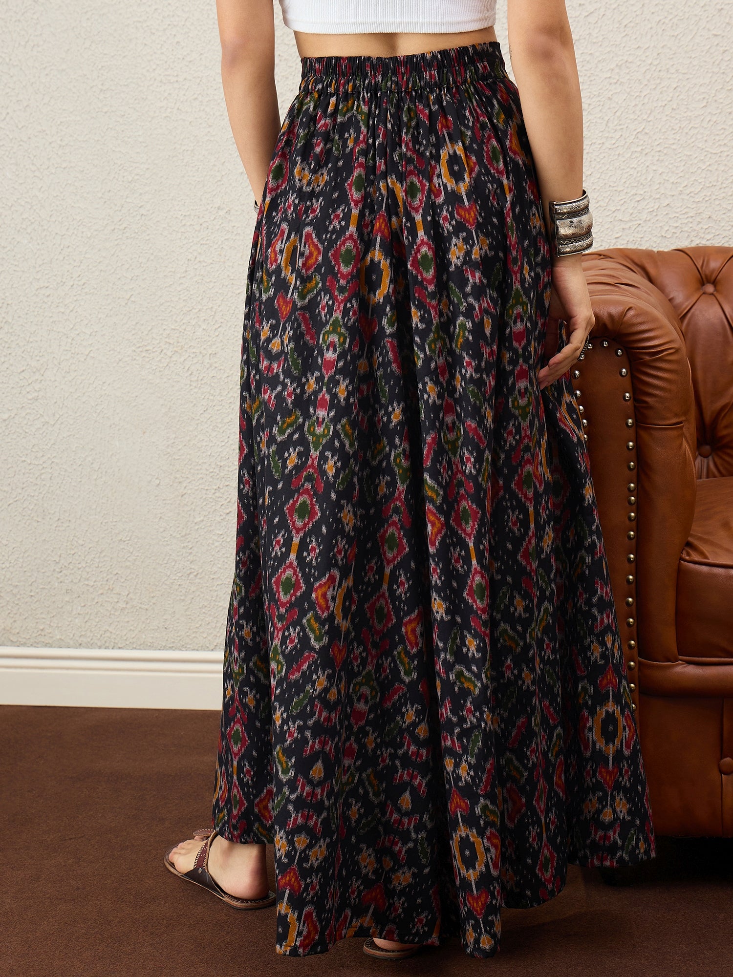 Black Ikkat Print A-Line Skirt