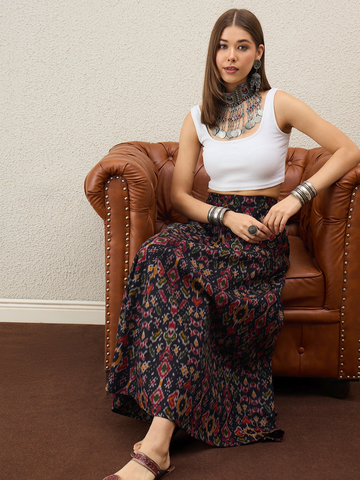 Black Ikkat Print A-Line Skirt