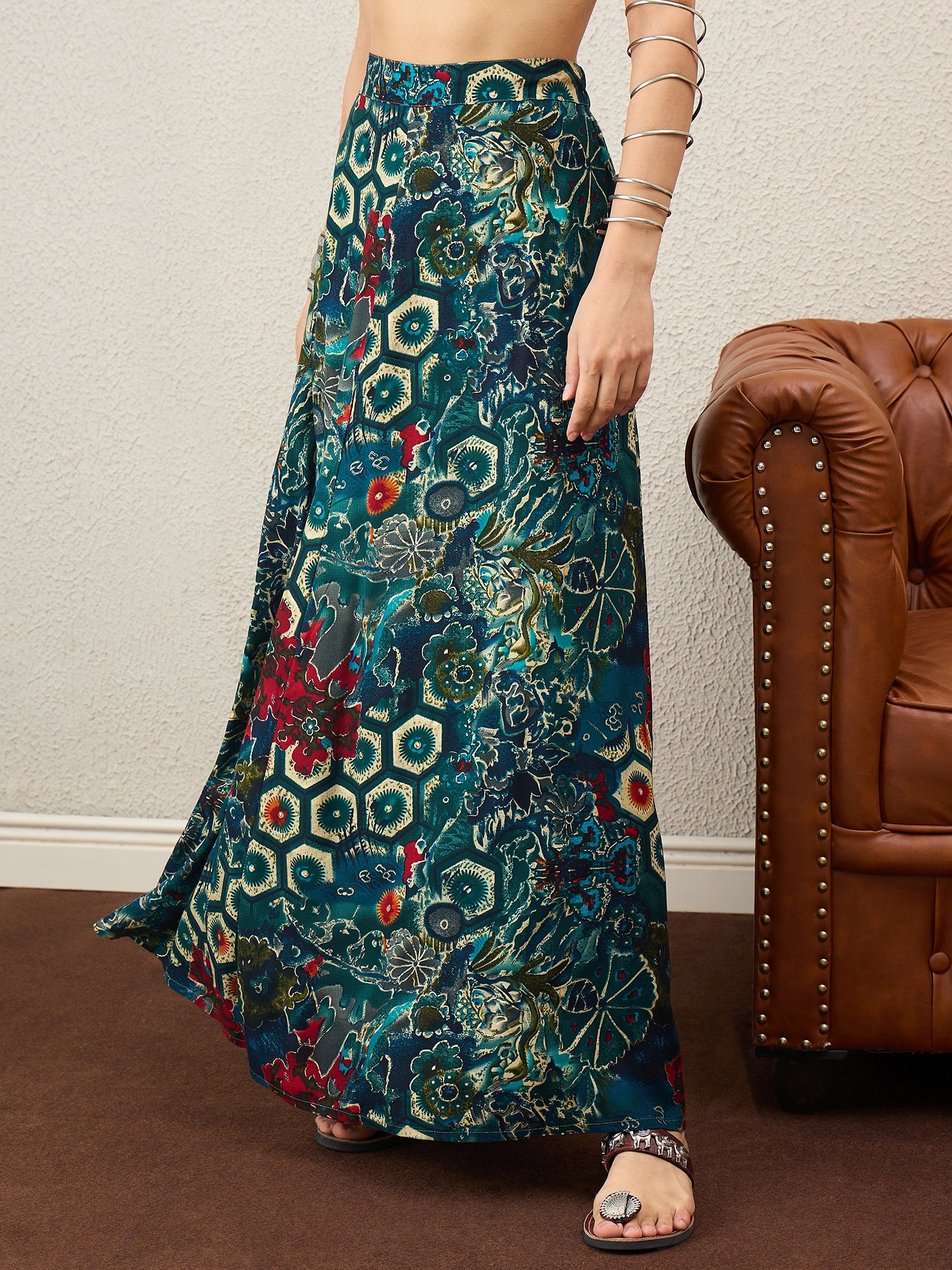 Dark Teal Foil A-Line Skirt