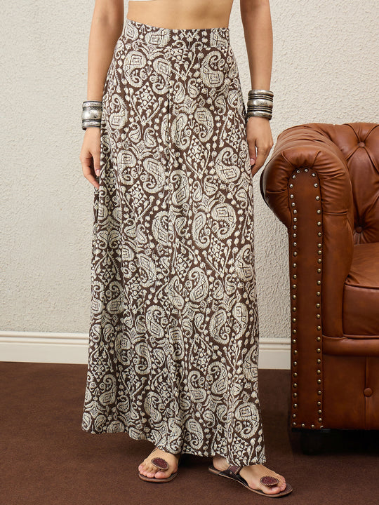 Dull Brown Paisley A-Line Skirt