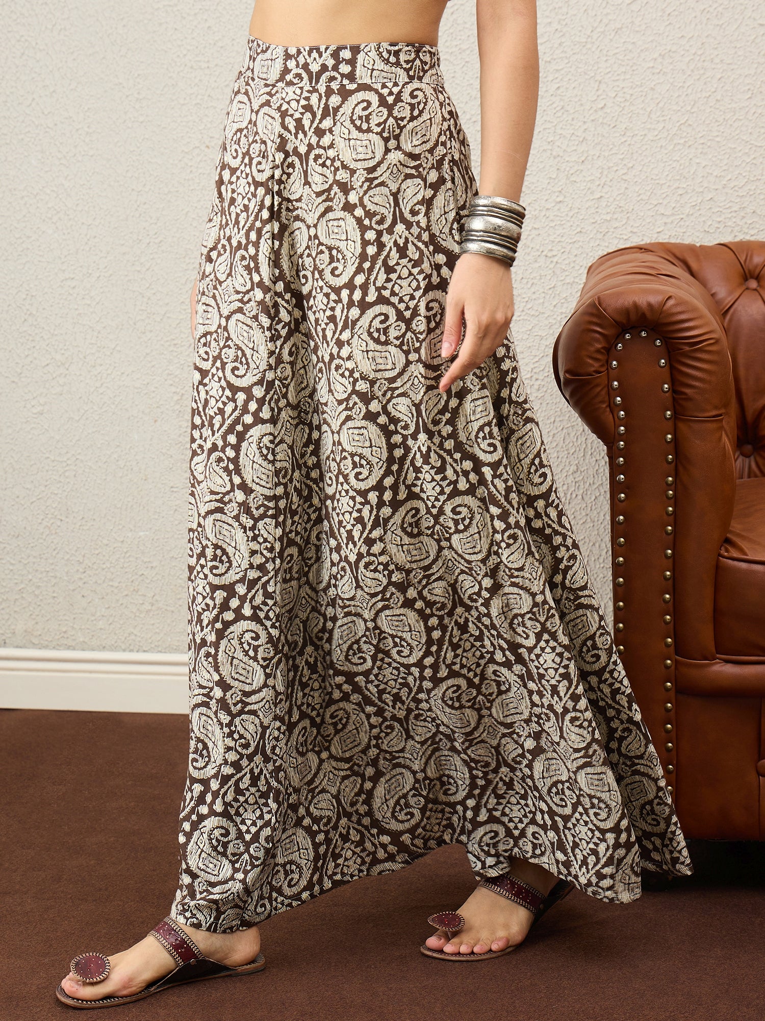 Dull Brown Paisley A-Line Skirt