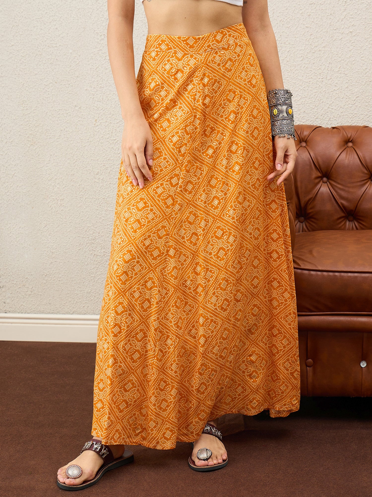 Amber Yellow Bandhej Foil A-Line Skirt