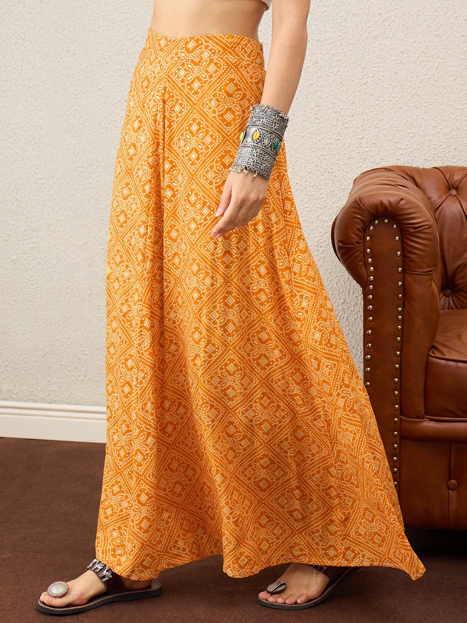 Amber Yellow Bandhej Foil A-Line Skirt