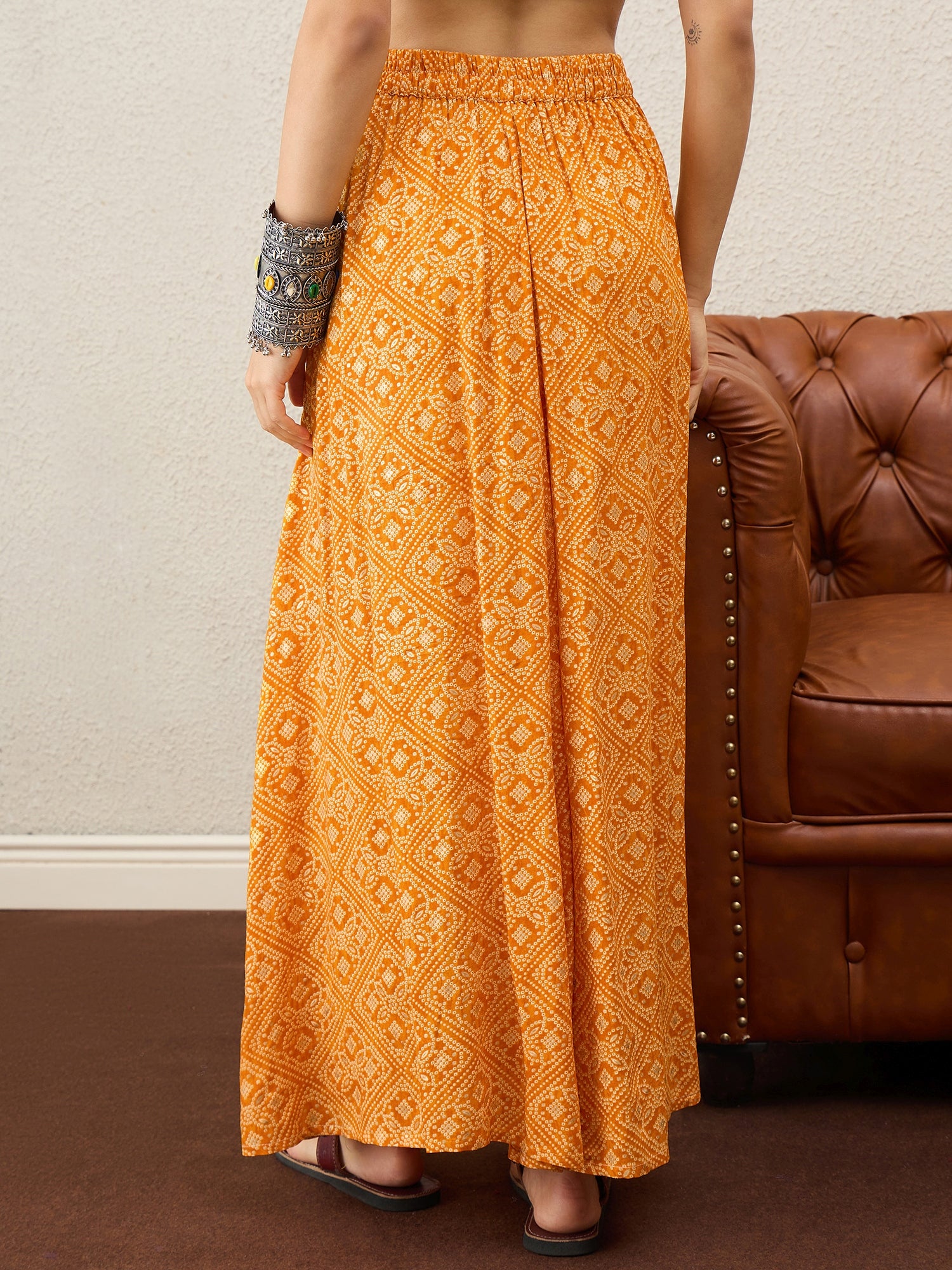 Amber Yellow Bandhej Foil A-Line Skirt