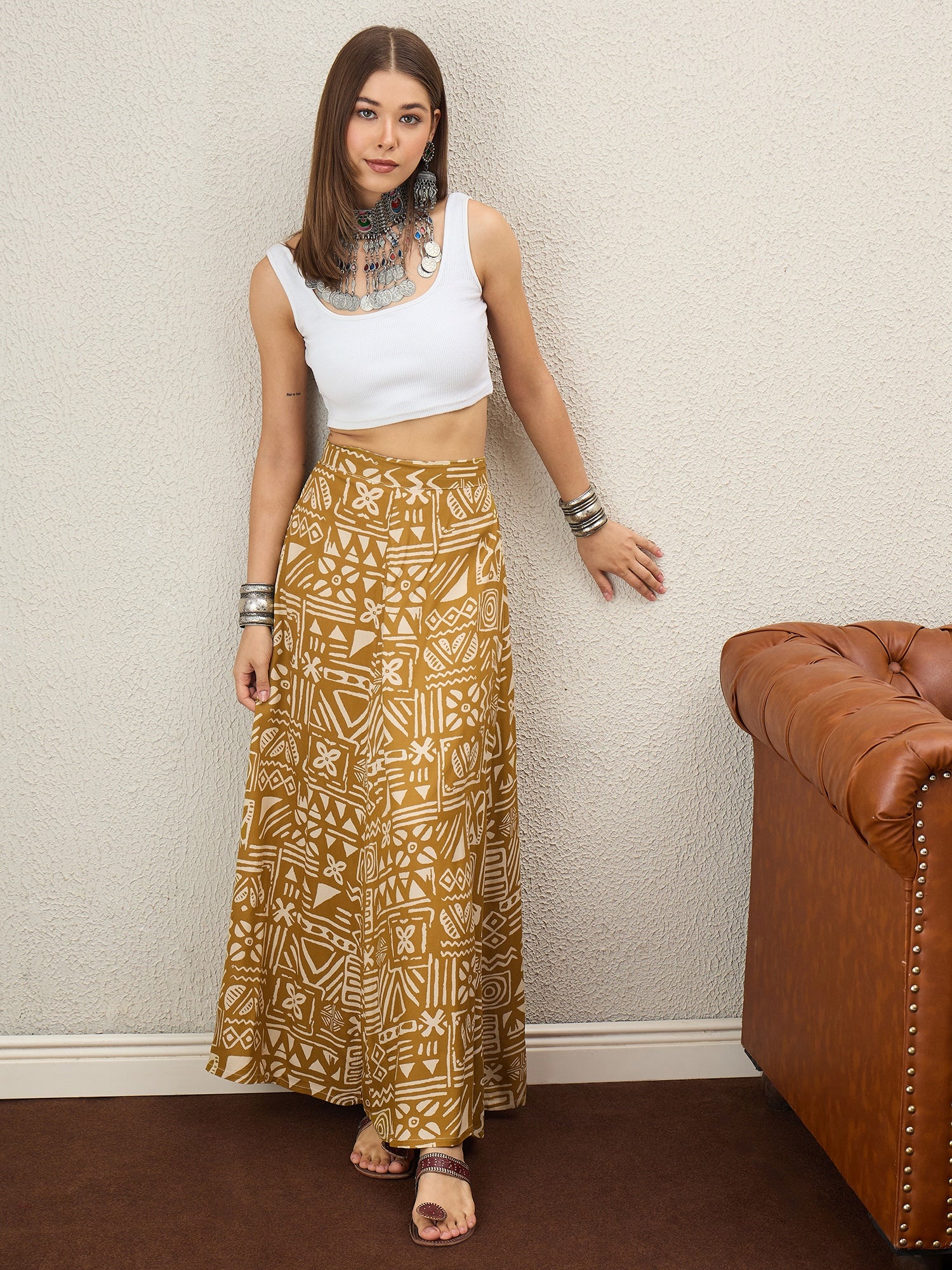 Dark Yellow Ethnic A-Line Skirt