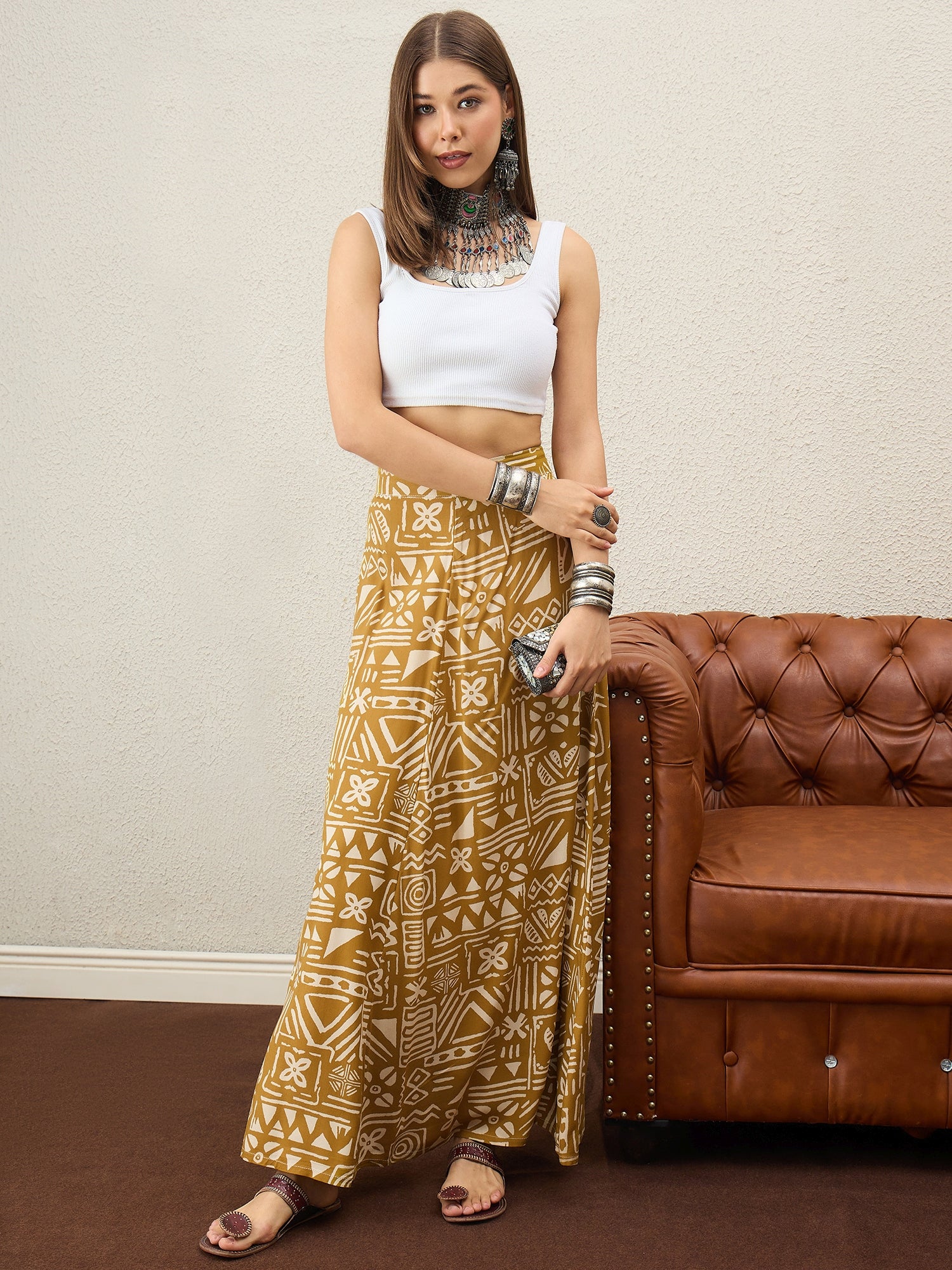 Dark Yellow Ethnic A-Line Skirt