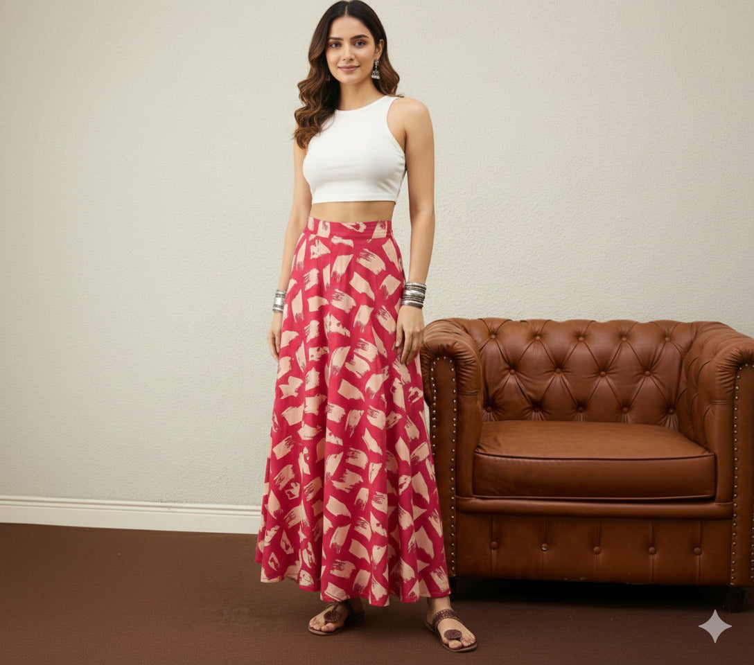 Punch Pink Beige A Line Skirt