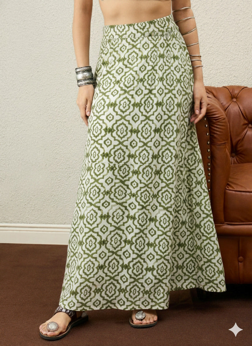 Mehandi Green White Moroccan Print Skirt