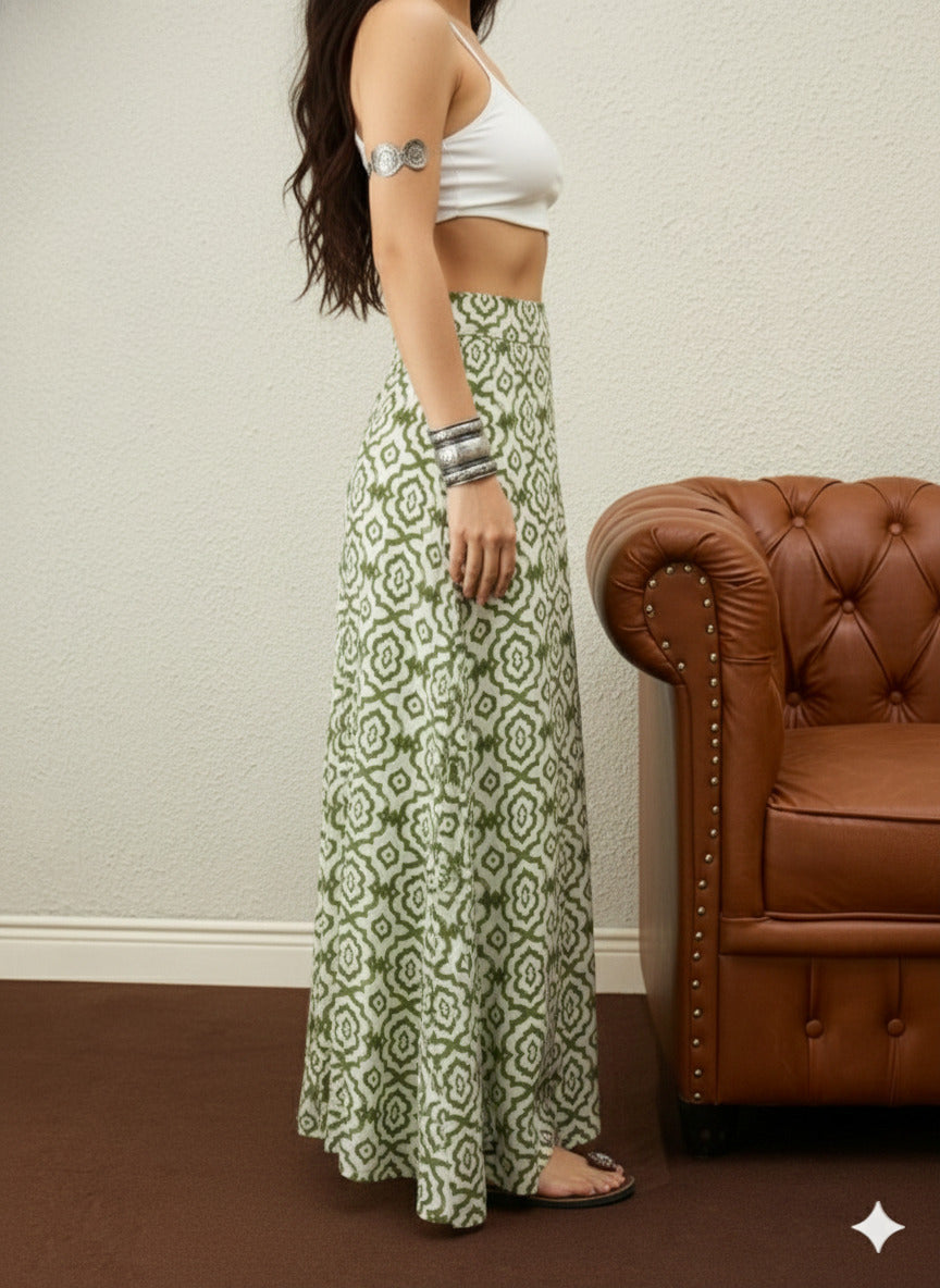 Mehandi Green White Moroccan Print Skirt