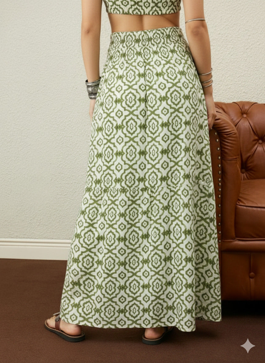 Mehandi Green White Moroccan Print Skirt