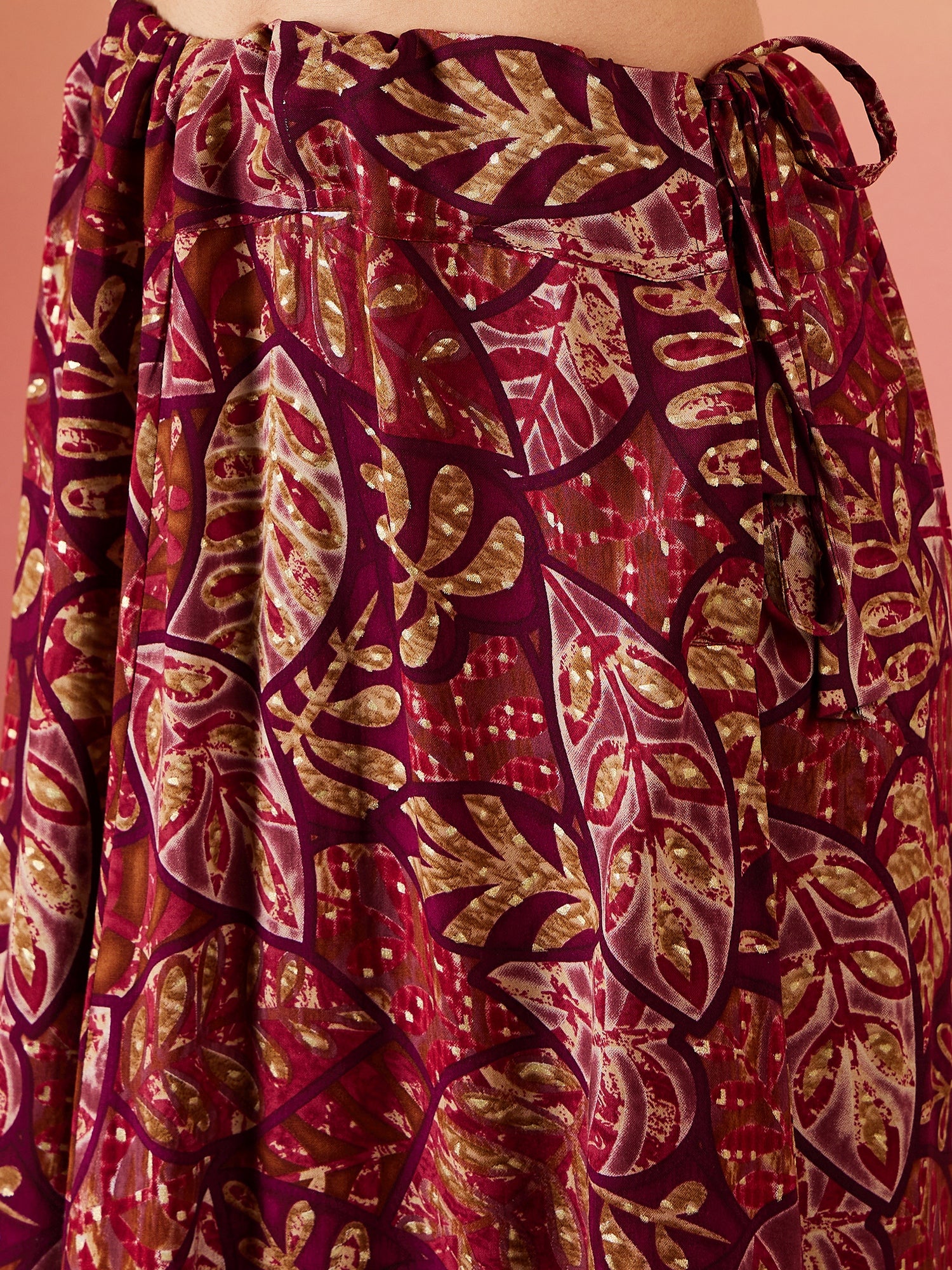 Wine Maroon Leaf Print Foil Skirt