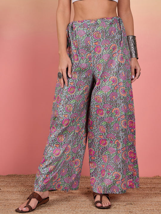 Grey Kantha Floral Jaal Print Palazzo