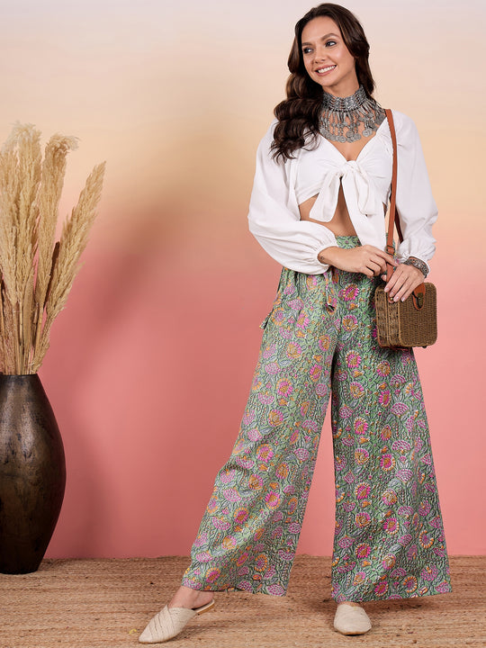 Mint Green Kantha Floral Jaal Print Palazzo