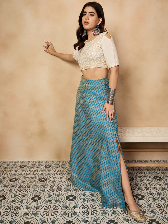 Maya Blue Brocade Side Slit Skirt