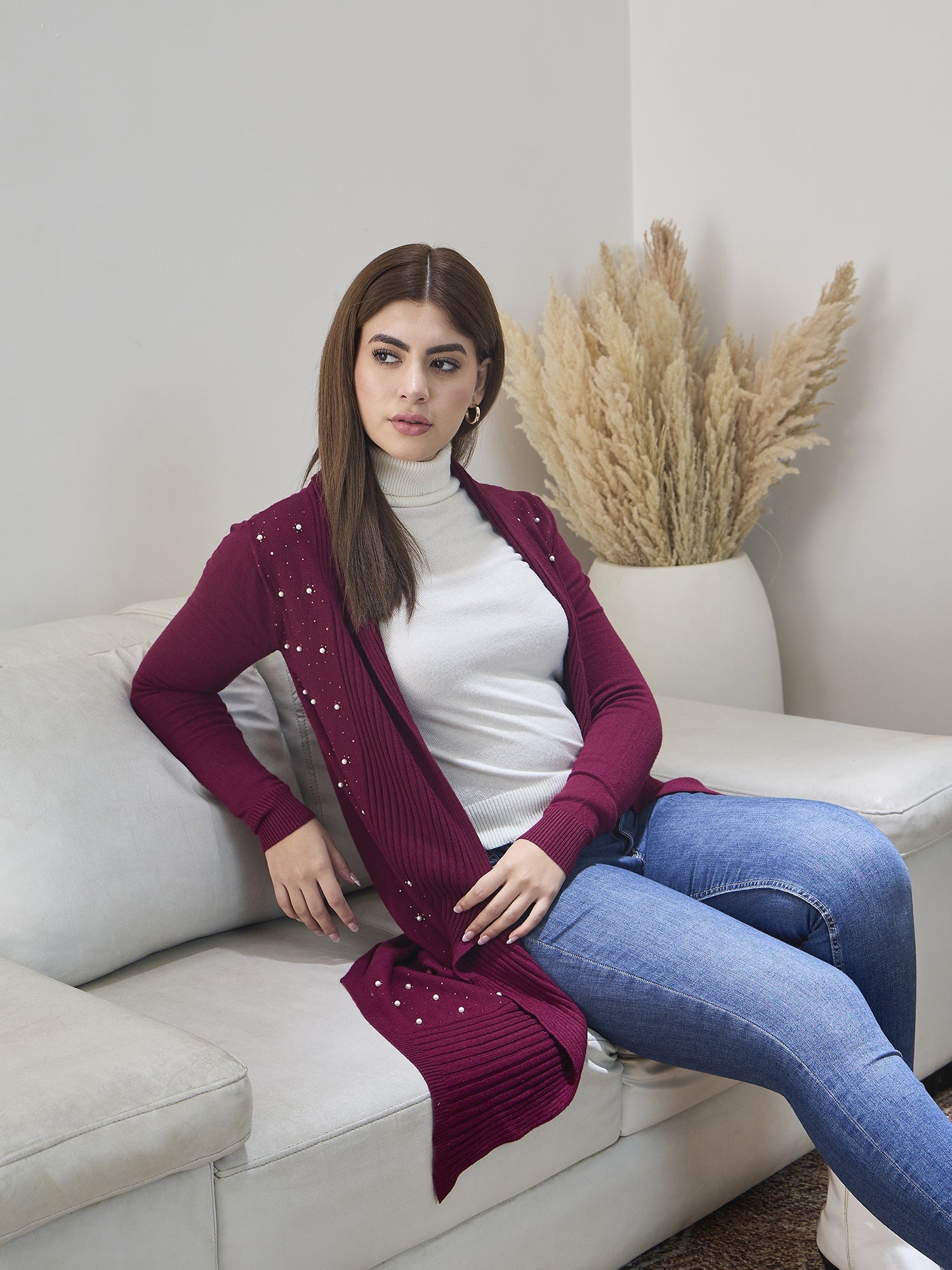 Wine White Beads Shrug