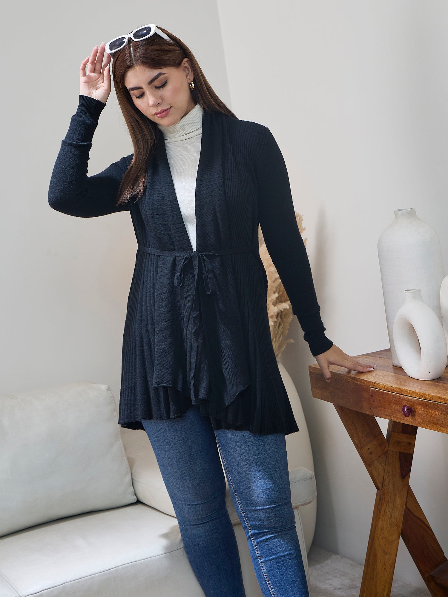 Black Striped Tieup Shrug