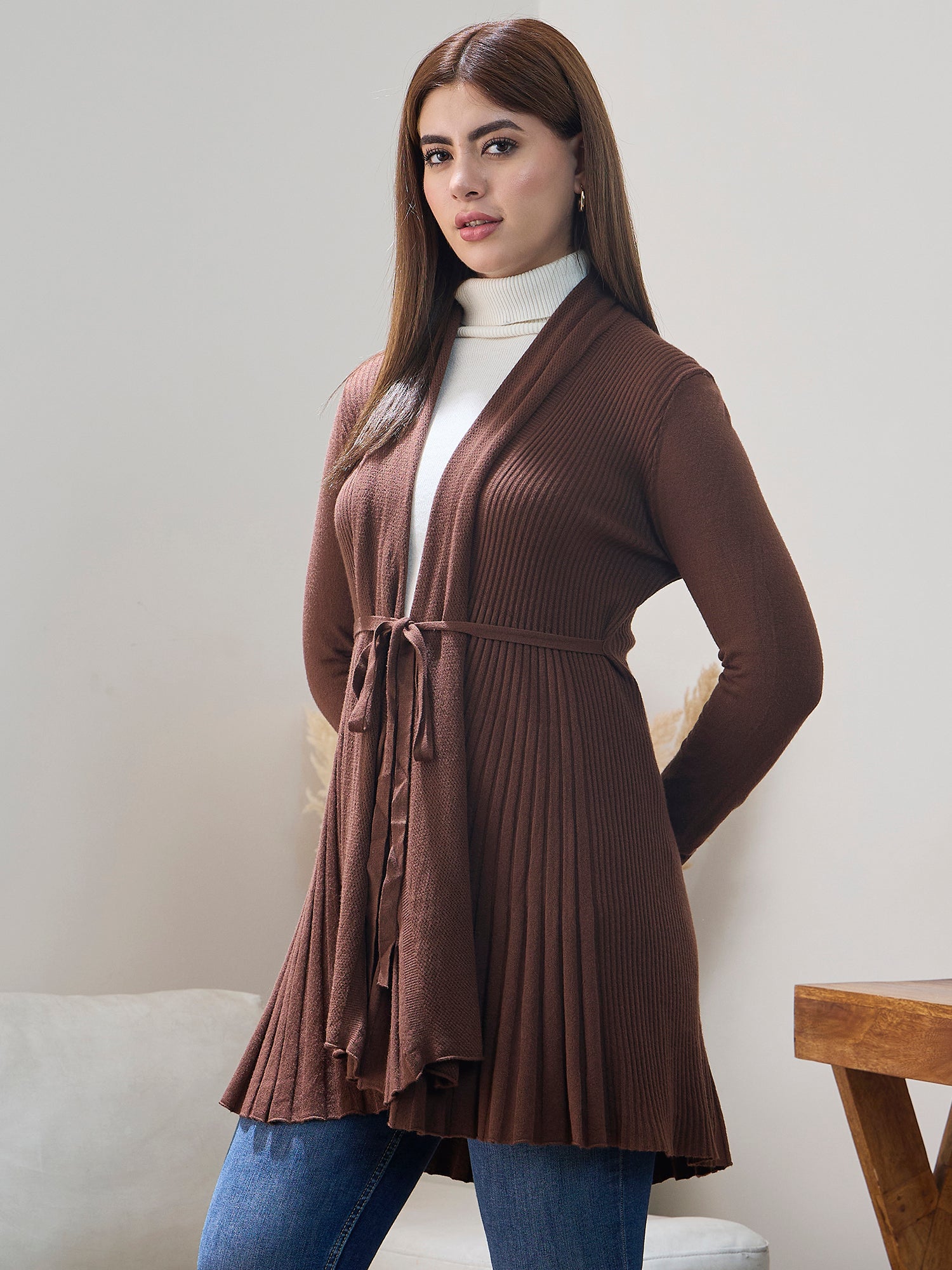 Brown Striped Tieup Shrug