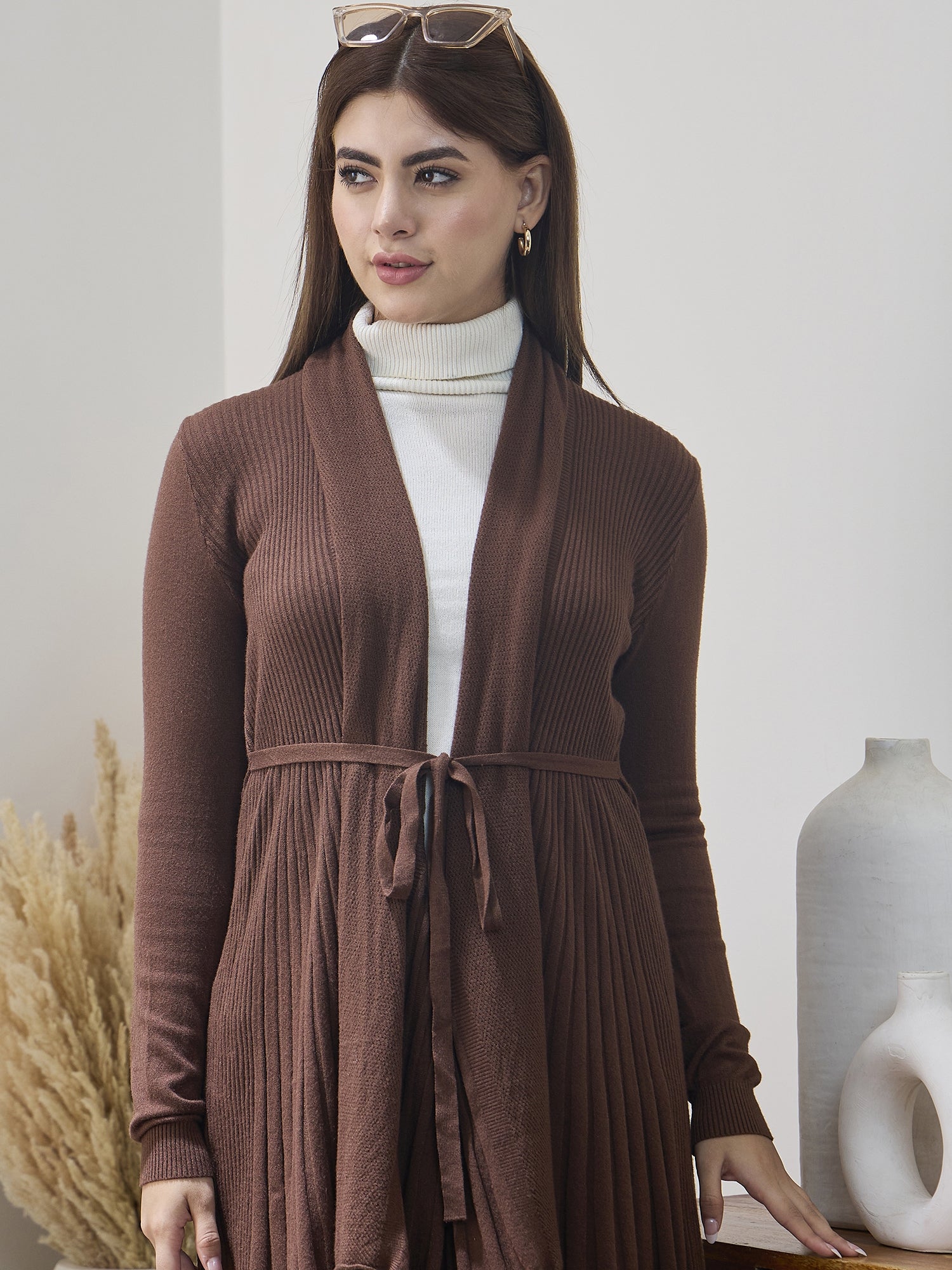 Brown Striped Tieup Shrug