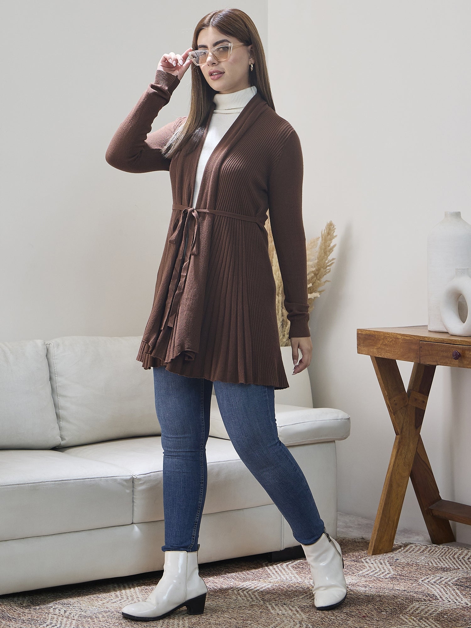 Brown Striped Tieup Shrug