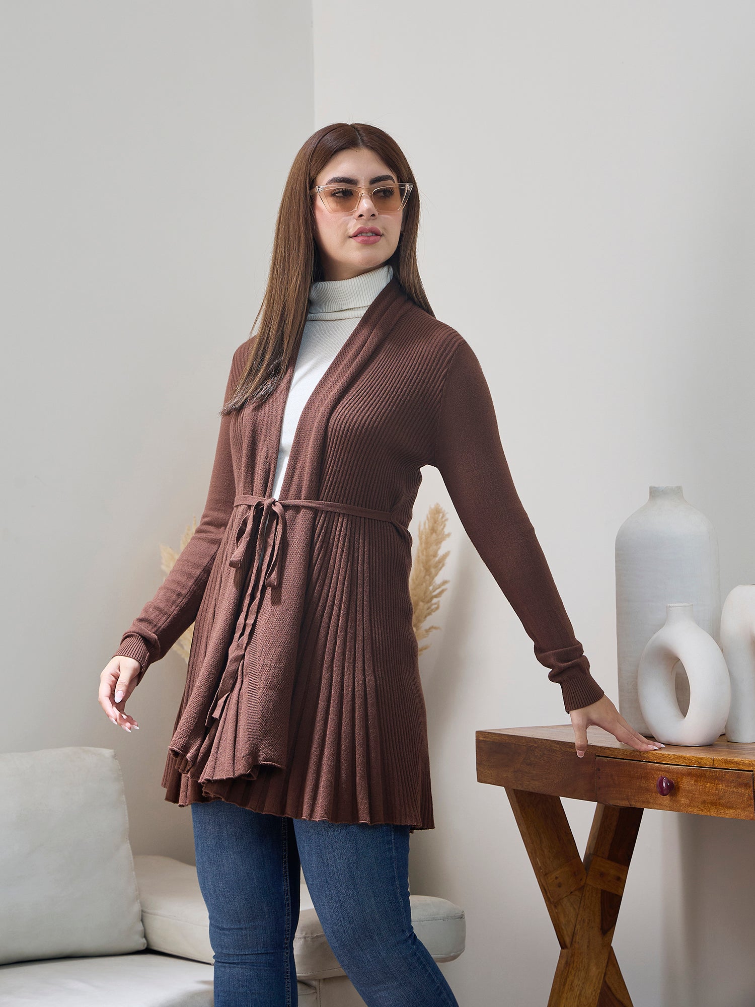 Brown Striped Tieup Shrug