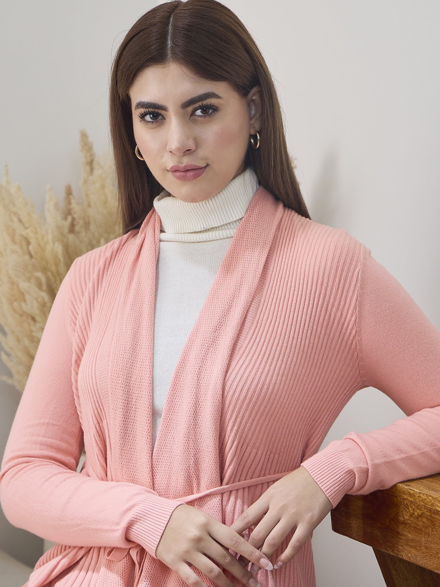 Peach Striped Tieup Shrug
