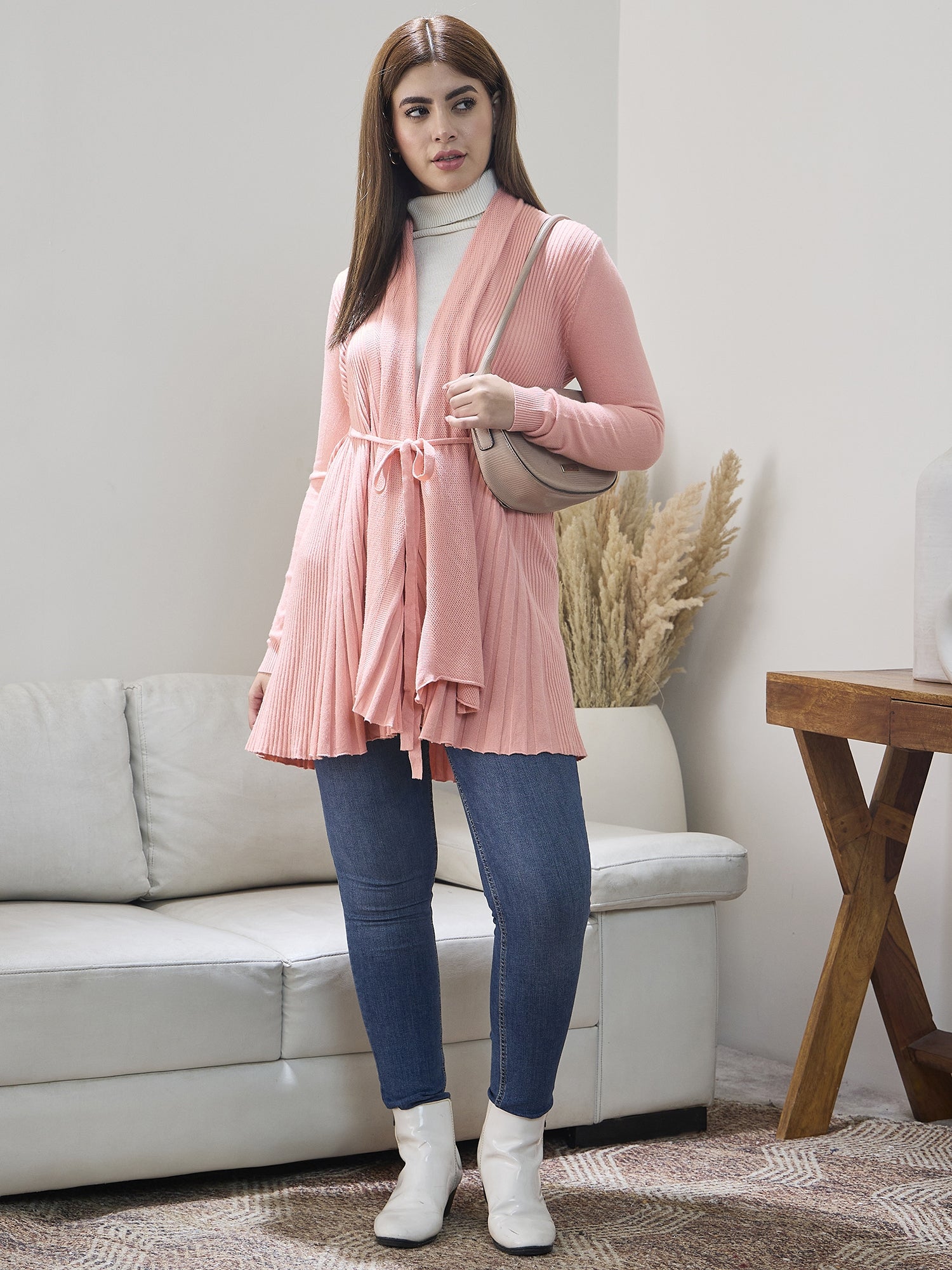 Peach Striped Tieup Shrug