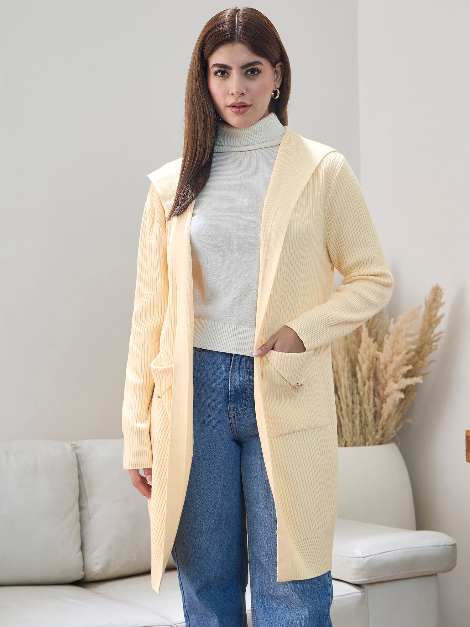 Light Yellow Front Pocket Long Shrug