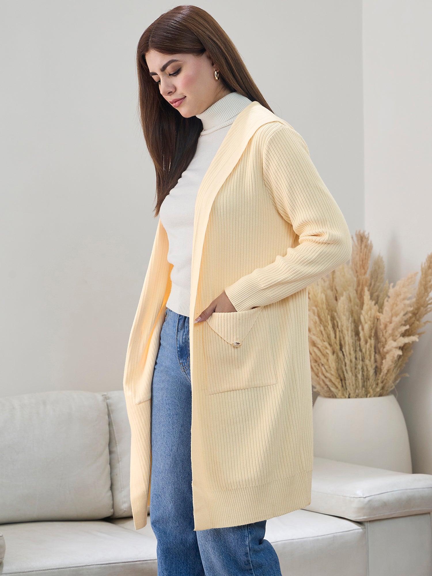 Light Yellow Front Pocket Long Shrug