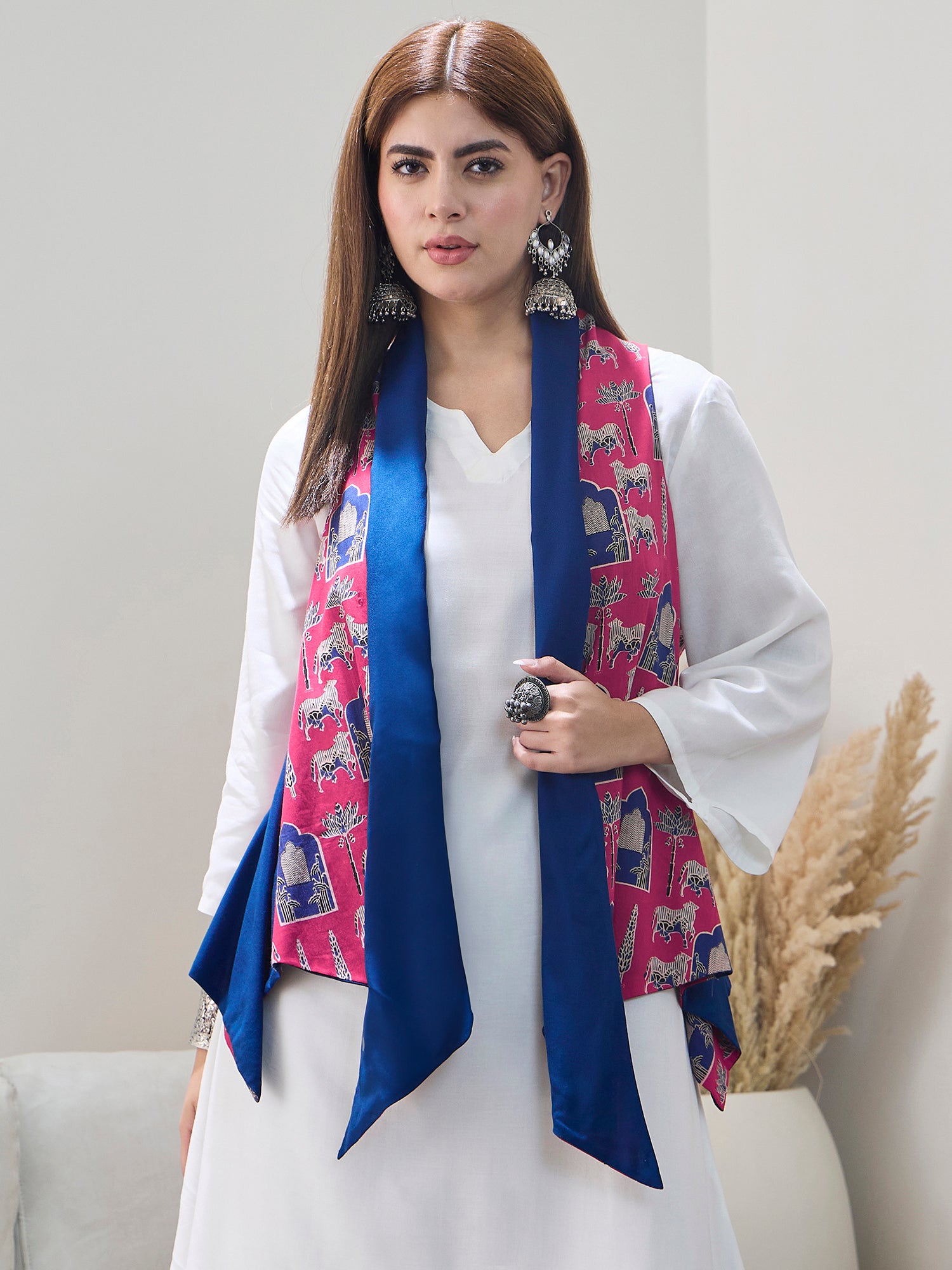 Red Animal Motif Blue Reversible Shrug