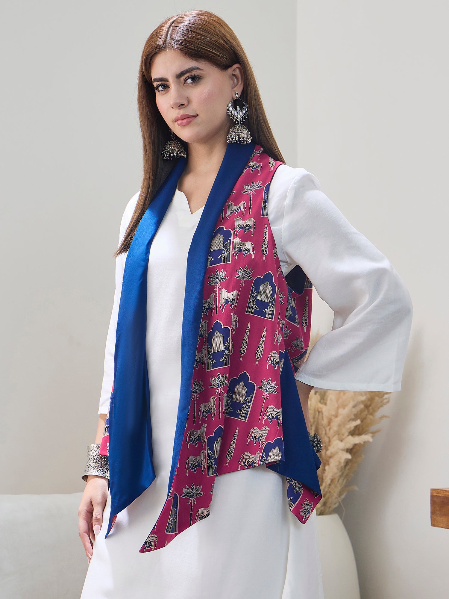 Red Animal Motif Blue Reversible Shrug