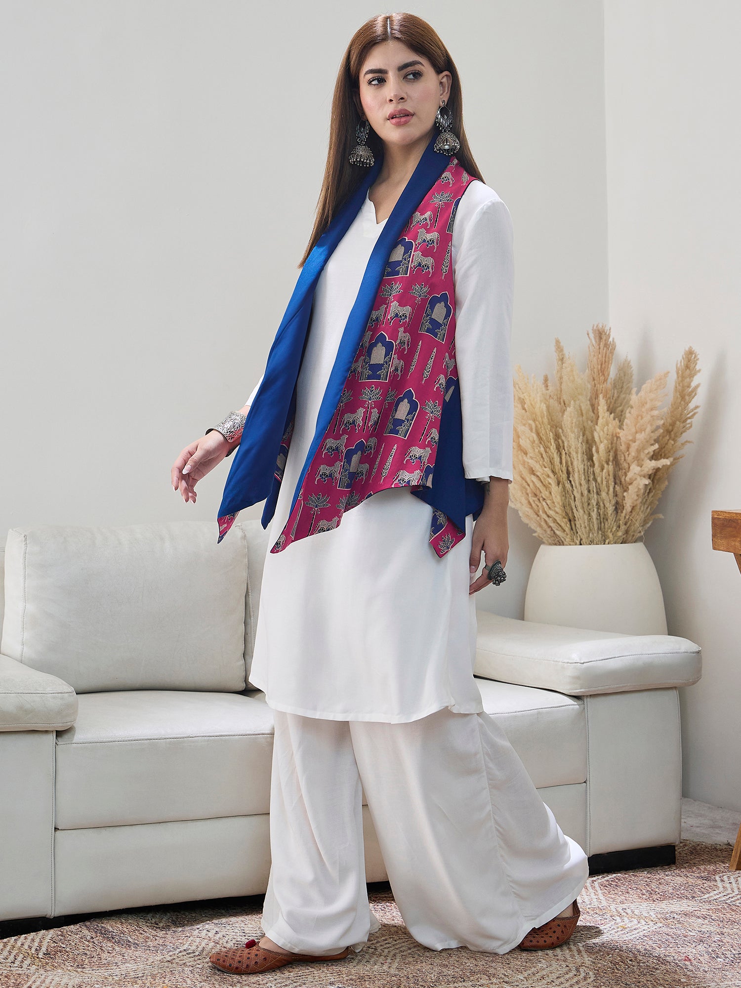 Red Animal Motif Blue Reversible Shrug