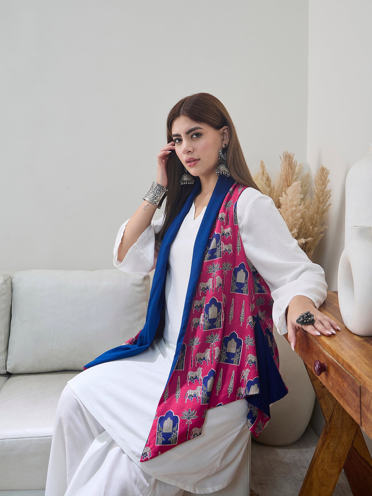 Red Animal Motif Blue Reversible Shrug