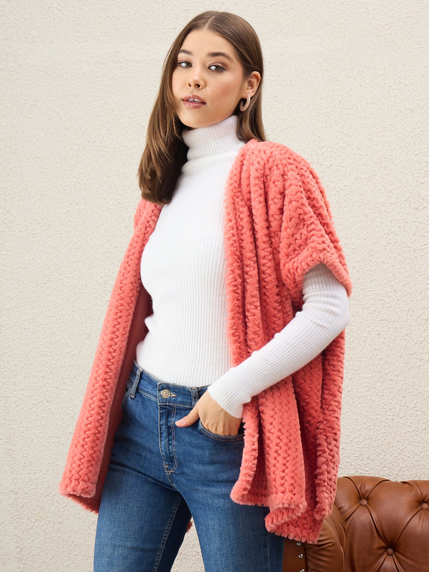 Dark Peach Texture Fur Shrug