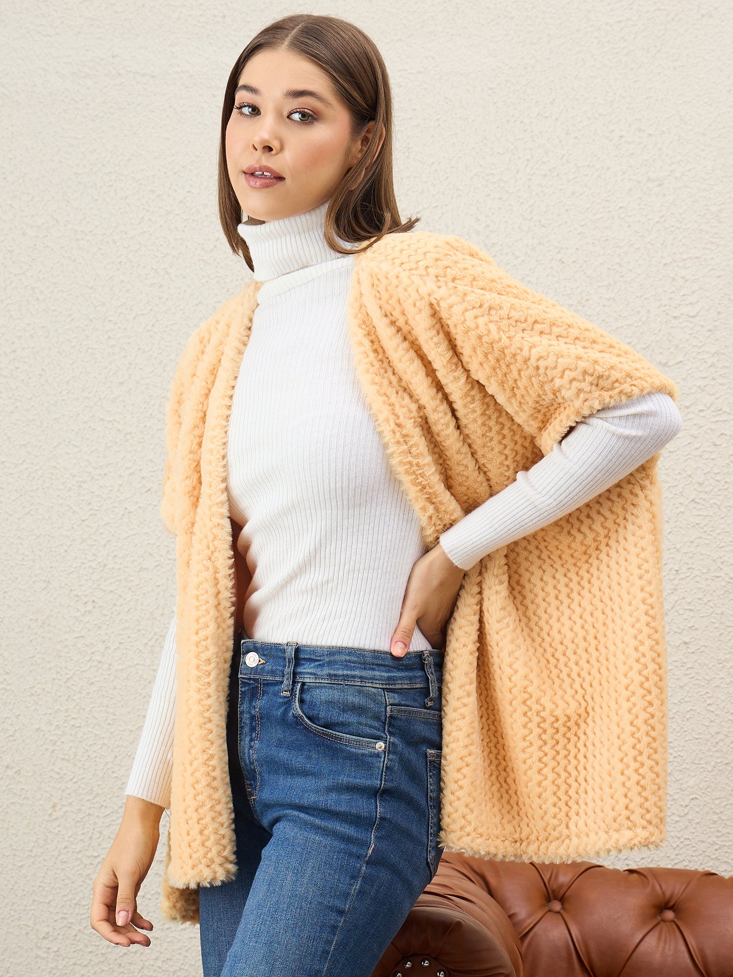 Light Yellow Texture Fur Shrug