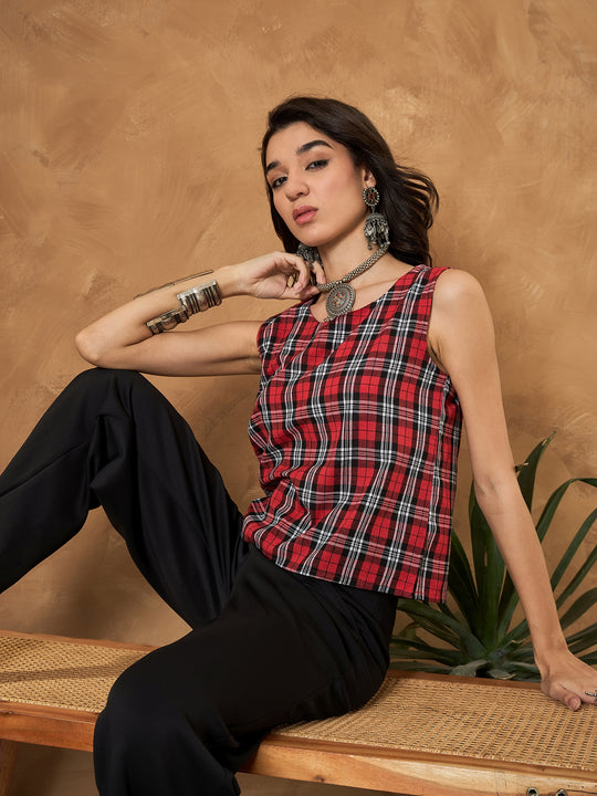 Red Black Check Sleeveless Top