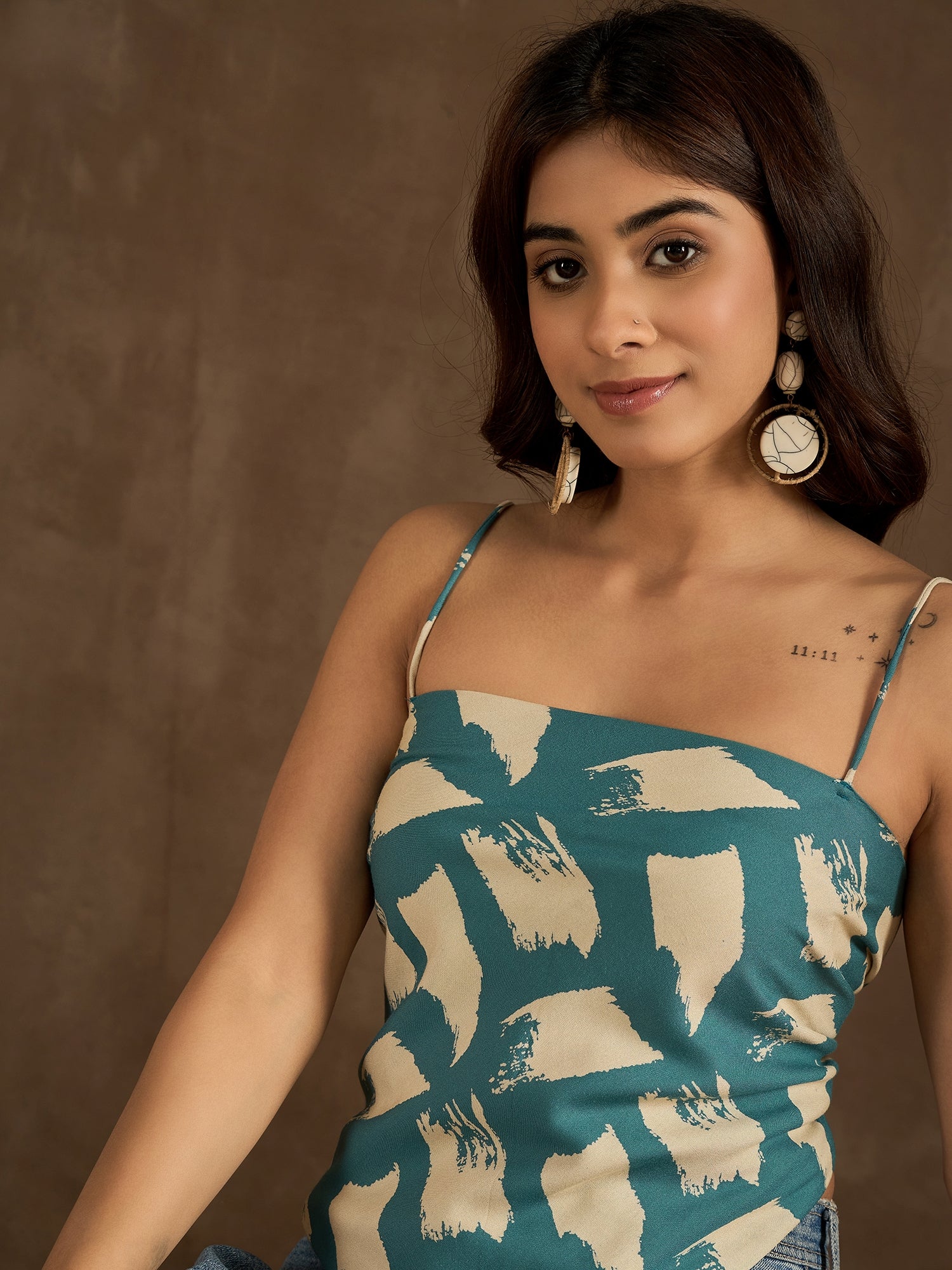 Marin Teal Beige Scarf Top